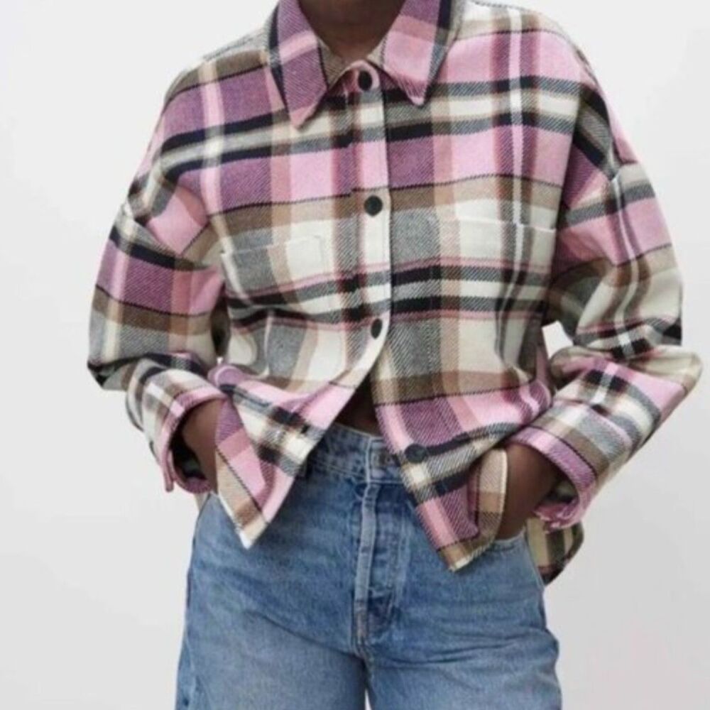 Zara Cropped Pink Cream Brown Plaid Check Overshirt Jacket Shacket - M